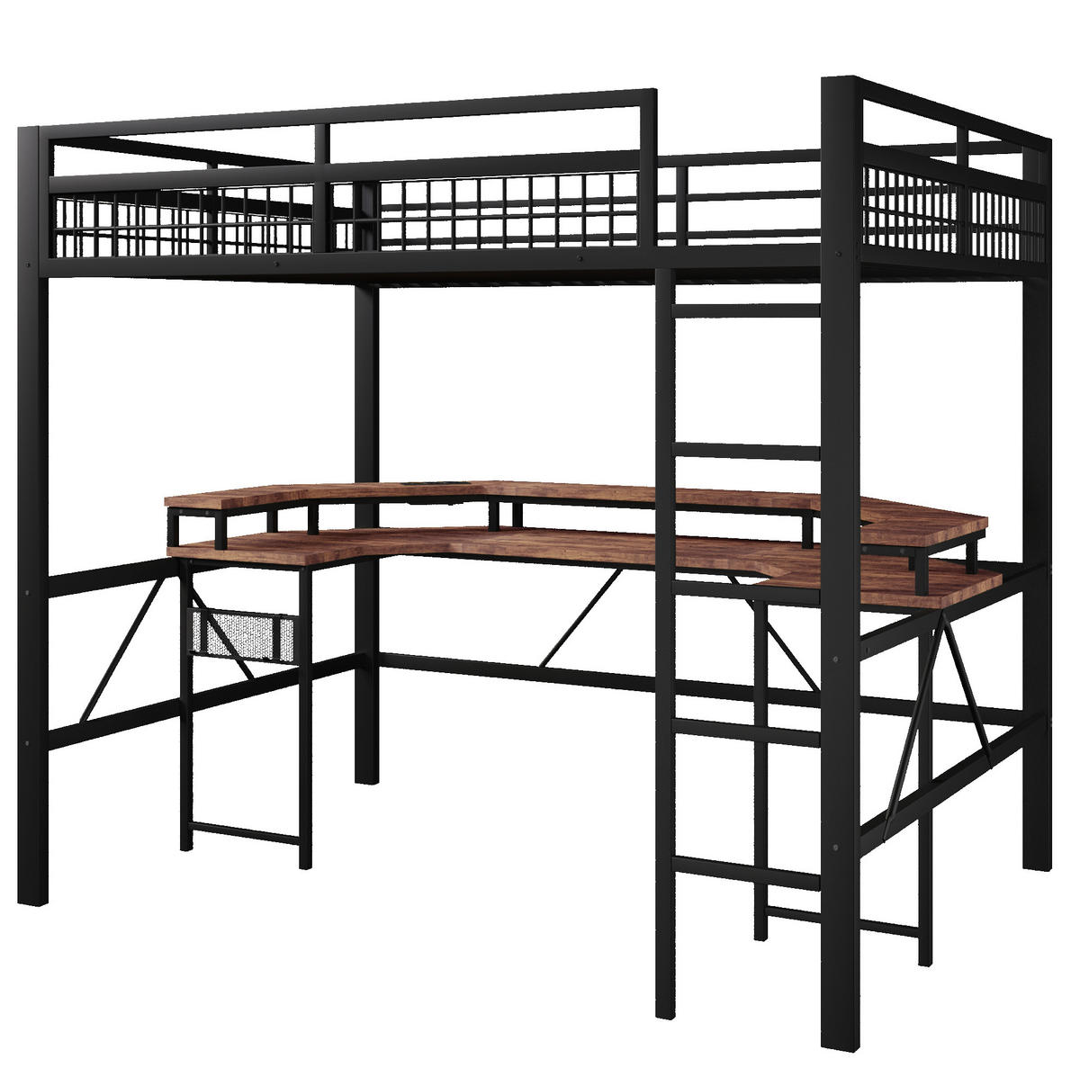 HOCHBETT 140/200 cm aus Metall/MDF mit Schreibtisch und LED-Lichtleiste Schwarz - Schwarz, Metall (140/200cm) - Modenvie