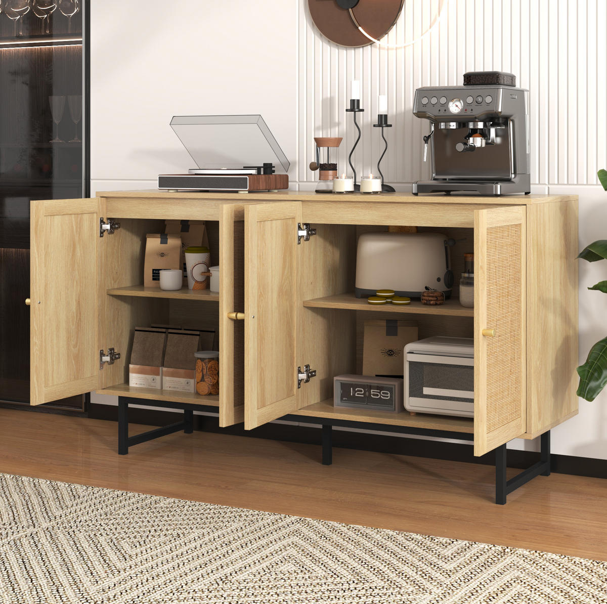SIDEBOARD mit echtem Rattangeflecht, 4 Türen, 140/39,5/80 cm,Naturfarben - Naturfarben, Holzwerkstoff (140/80/39.5cm) - Redom