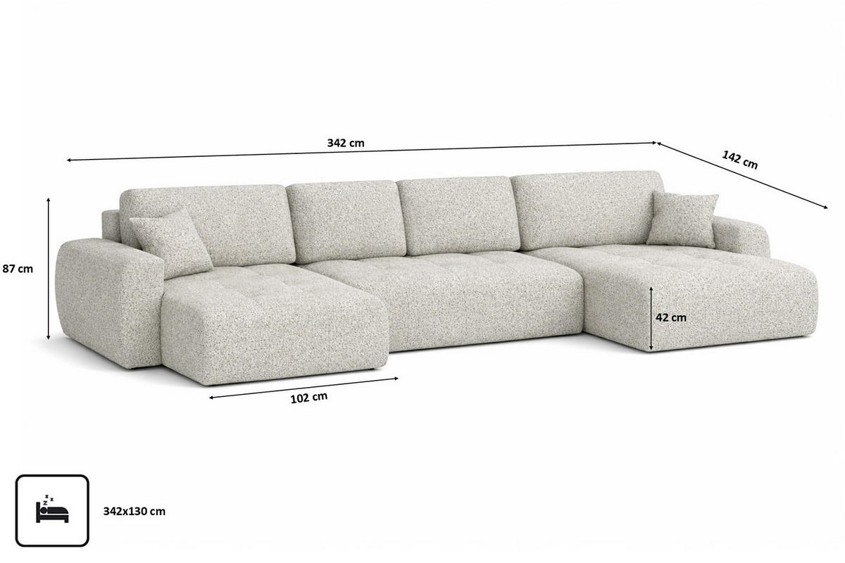 ECKSOFA Mit Schlaffunktion Und Bettkasten U-Form Ivo U, Chenillestoff Artico, Nata - Beige, Holz (342/142cm) - Kaiser Möbel