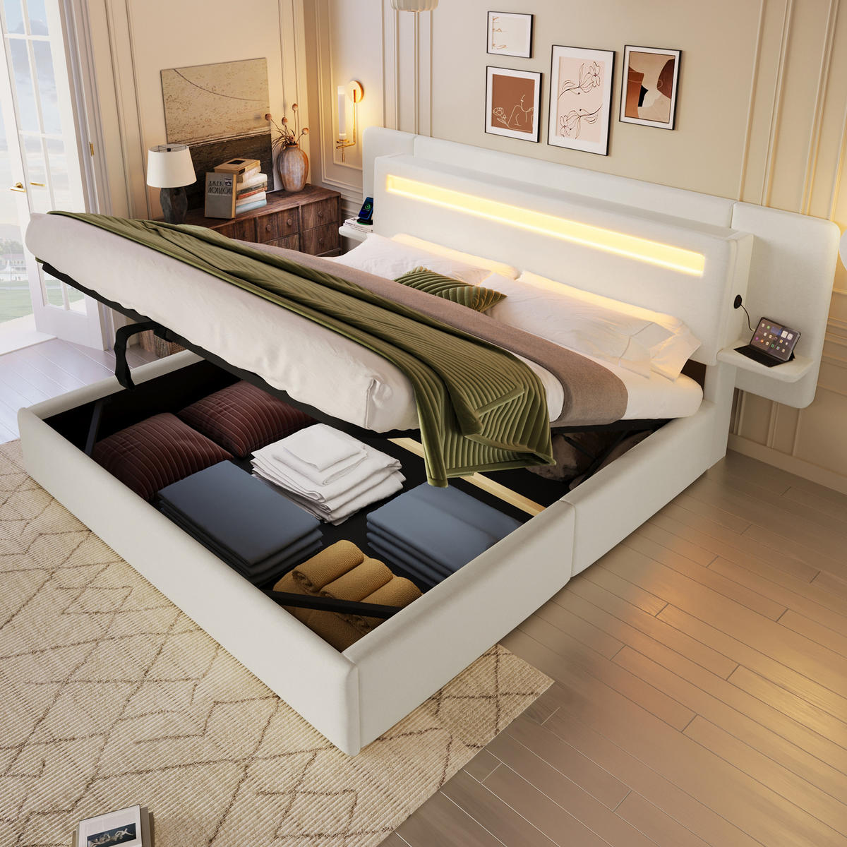 POLSTERBETT 180 x 200 cm in beige, mit hydraulischem Stauraum und integriertem Nachttisch - Beige, Holz/Textil (180/200cm) - KOMHTOM