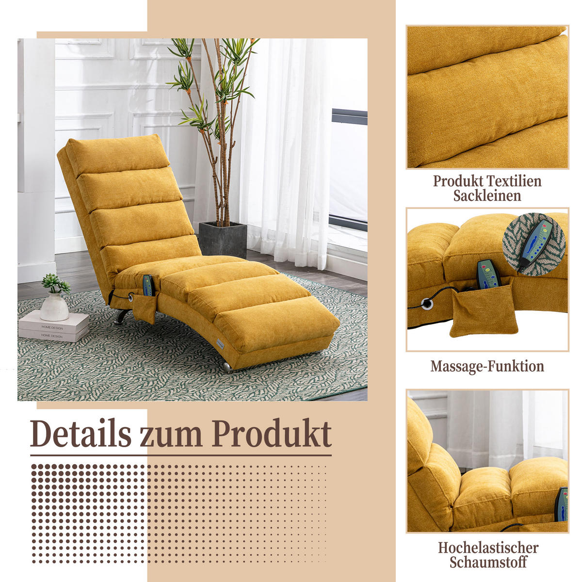 MASAŽNA FOTELJA u senf žutoj boji s funkcijom vibracije, od lana - srebrne boje/žuta, drvni materijal/tekstil (55/84/148cm) - CHICFURN