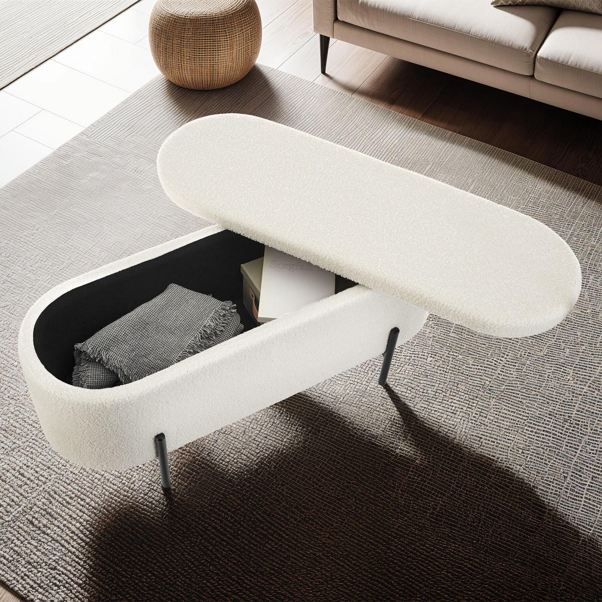 TRUHENBANK Lanja,97 x 36 x 42 cm, Bouclé creme-weiß - Creme/Weiß, Holz (36/43/96cm) - tectake