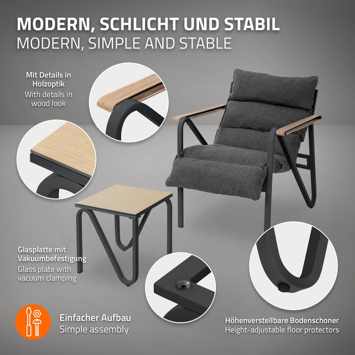 ZAHRADNÍ nábytek, 3dílná sada, antracitově šedá s ocelovým rámem - antracitová/hnědá, kov/textil - ML-DESIGN