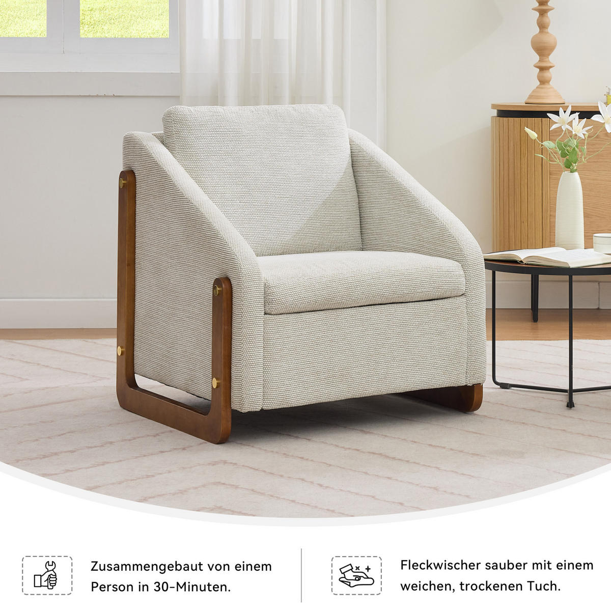 SESSEL 73,5/73,5/73,5 cm aus Chenille in Beige mit Holzarmlehnen - Beige, Textil (73.5/73.5/73.5cm) - BEAOK