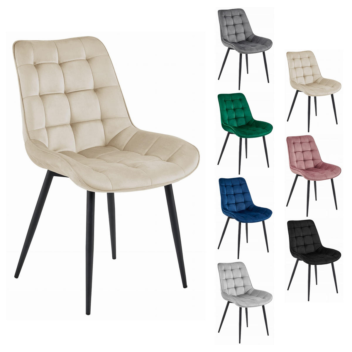 STUHL BARDI 4-er Set, Beige, Schwarz, mit Samtstoff gepolstert - Hellgrau, Textil/Metall (54/84/61cm) - Komodee