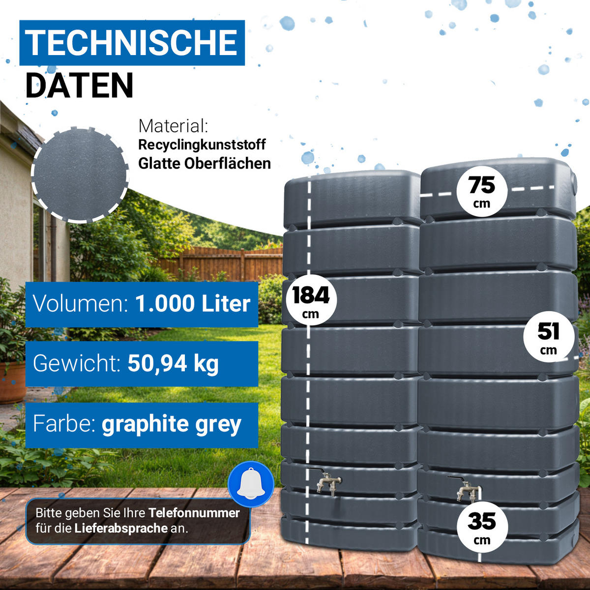 REGENTONNEN Wandtank-SET Komplett-Set 1000 L, graphite grey 2 x 500 L, inkl. Verbinder und Fallrohranschluss - Grau, Kunststoff (51/184/150cm) - 4rain
