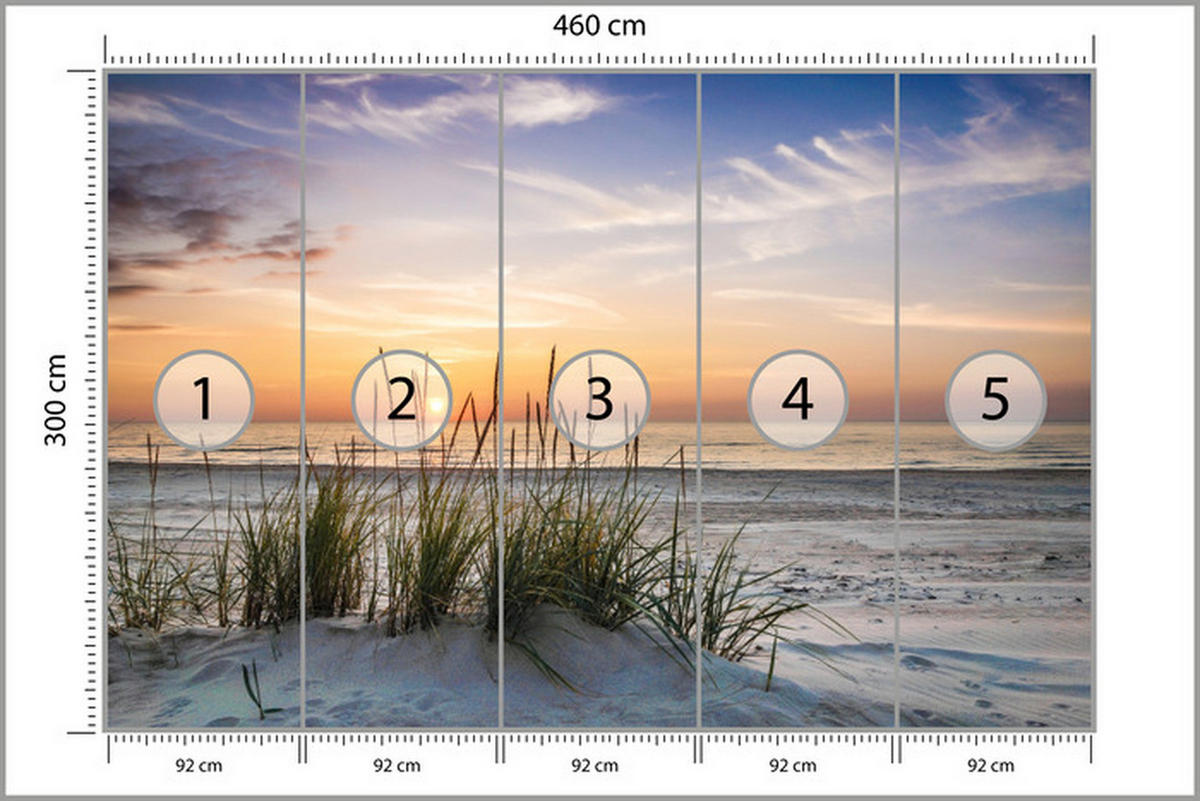 FOTOTAPETE Meer STRAND Dünen Sonnenuntergang Landschaft 3D 460x300cm - Blau/Beige, Papier (460/300cm) - Muralo