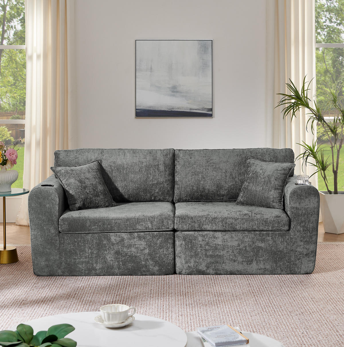 2-SITZER-RELAXSOFA mit USB und Getränkehalter Chenille Gray - Grau, Kunststoff (220/89/100cm) - Meubliv