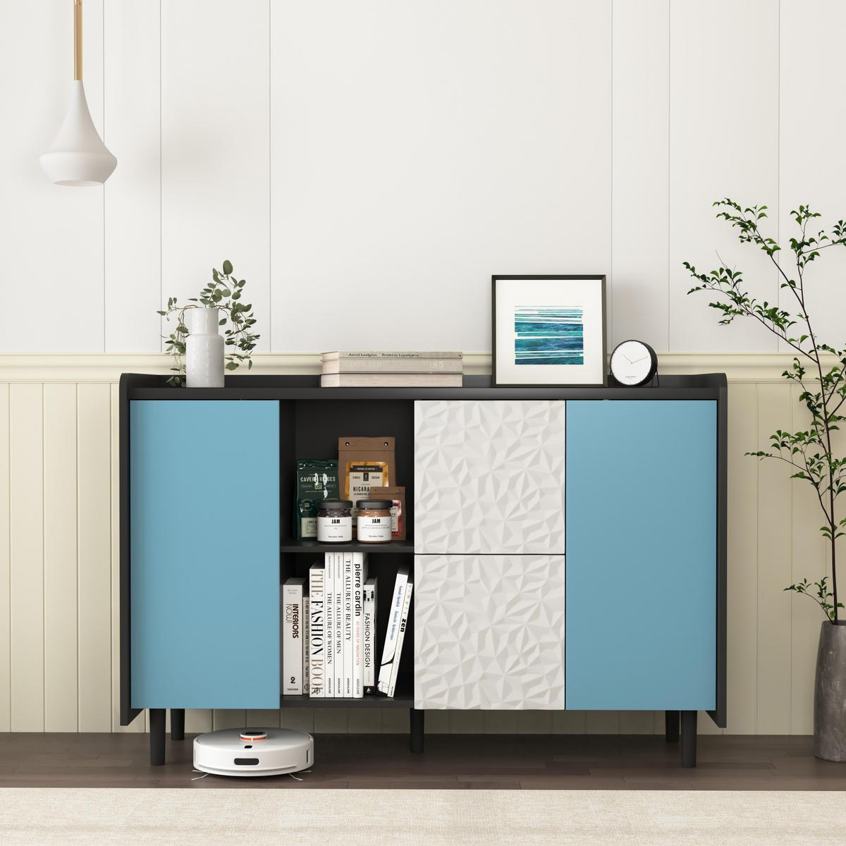 SIDEBOARD 120/40/80 cm mit 2 Schubladen & 2 offenen Fächern in Schwarz/Blau - Schwarz, Holzwerkstoff (120/80/40cm) - BEAOK
