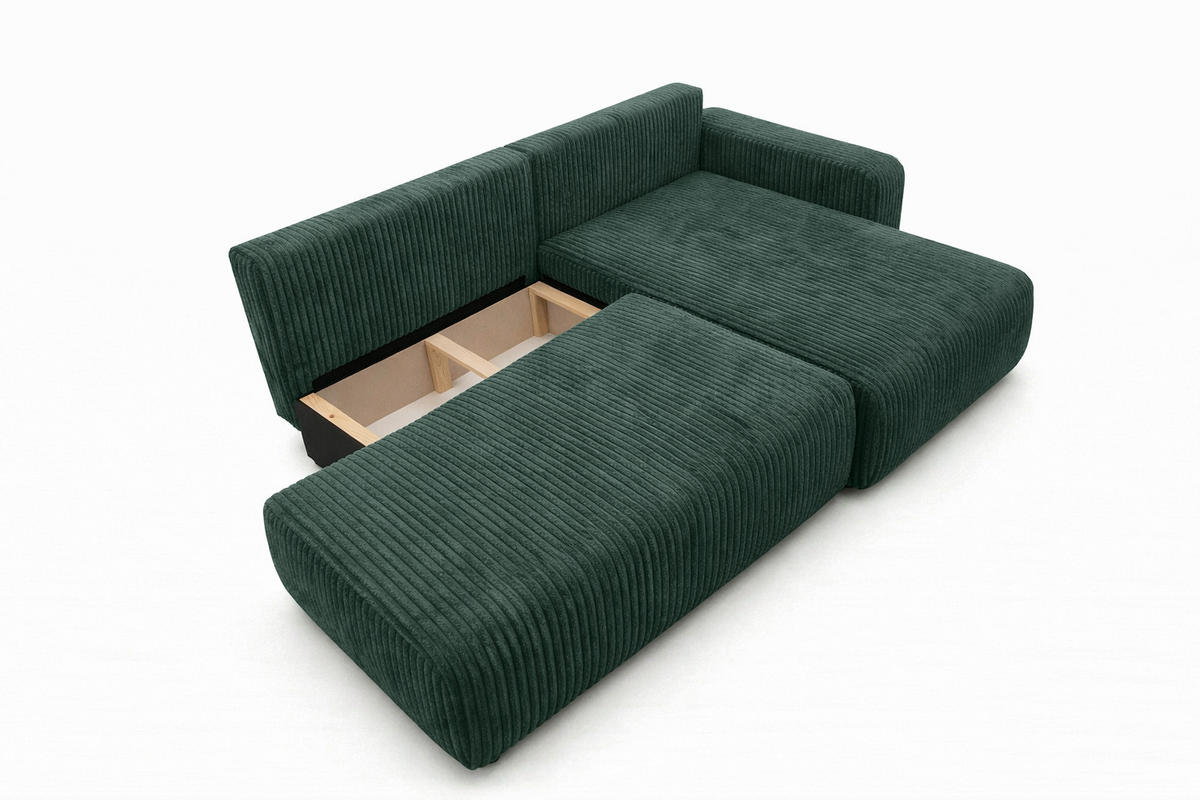ECKSOFA Mit Schlaffunktion Und Bettkasten, Cordstoff Tilia, Grün, Rechts, OPEN XL - Grün, Holz (262/145cm) - Kaiser Möbel