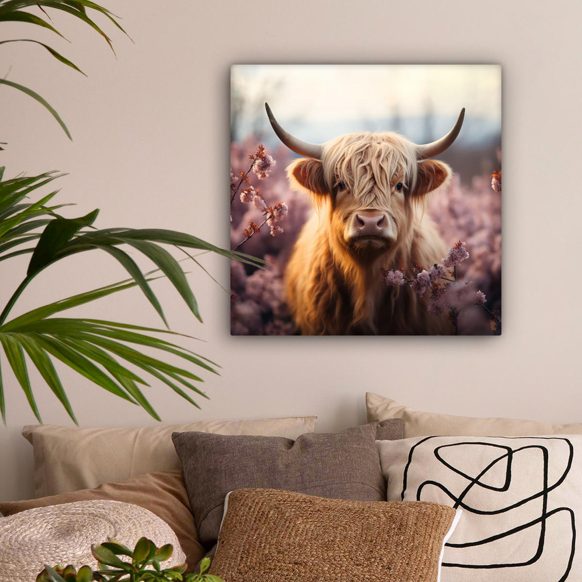 LEINWANDBILD - Schottischer Hochländer - Frühling - Hochland - 50x50 - Room Decor - Hellrosa, Textil (50/50cm) - MuchoWow
