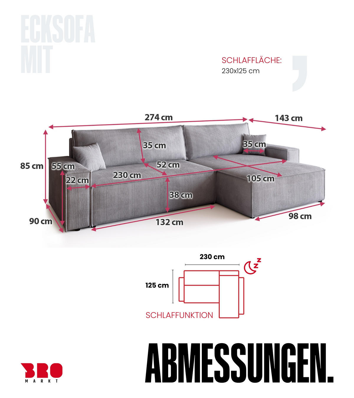 ECKSOFA ADI XL mit Schlaffunktion Hellgrau Cord - Hellgrau, Textil (272/143cm) - Bromarkt
