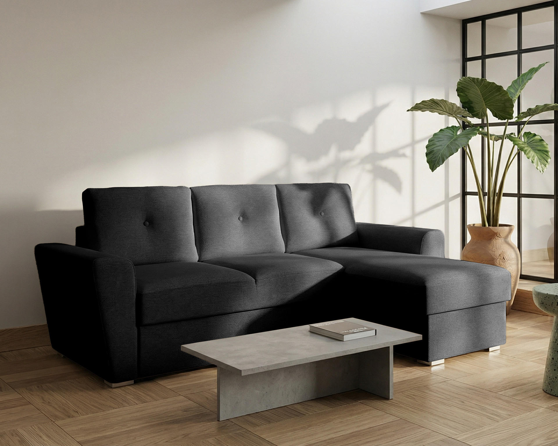 ECKSOFA Bellano Ecksofa L-Form - links oder rechts montierbar, schwarz - Schwarz, Holz (243/156cm) - Homesy