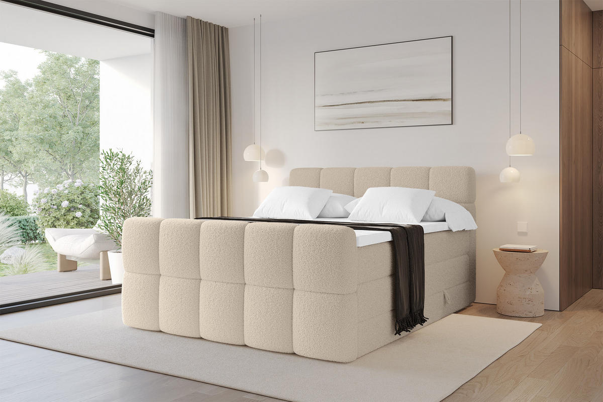 BOXBETT mit Matratze H3/H4 - FAMA-Z KING - 160x200 cm Dunkelbeige Quelle - Creme, Holzwerkstoff (160/200cm) - ALTDECOR