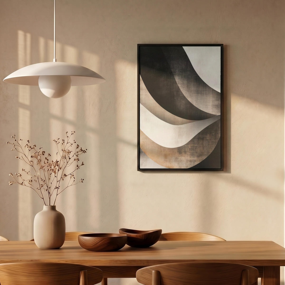 LEINWAND Bilder mit Rahmen - Abstrakt - Wellen - Schwarz - Verwittert - 40x60 - Trüffeleichefarben, Textil (40/60cm) - MuchoWow