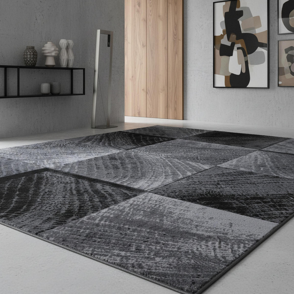 TEPPICH Kurzflor Karo-Design Polypropylen Wohnzimmer Schwarz Rechteckig 280x370 - Schwarz, Textil (280/370cm) - KADIMA DESIGN