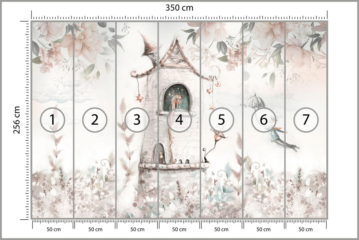 FOTOTAPETE für Kinderzimmer Prinzessin Turm Blumen Pflanzen 350x256 - Multicolor, Papier (350/256cm) - Muralo