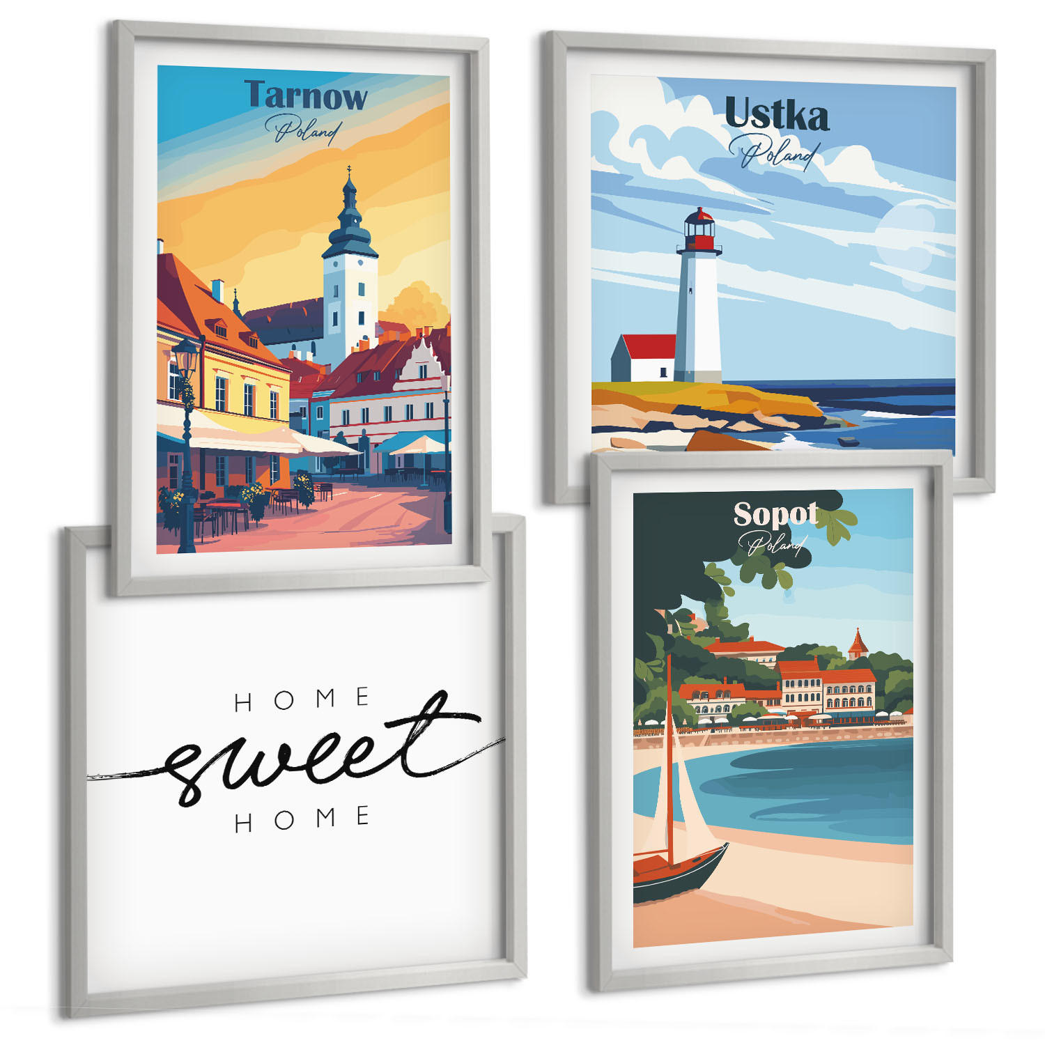 BILDER SET 4er Set - 50x50 cm & 40x60 cm Silberner Rahmen - Polnische Städte Ustka Tarnów Sopot - Silberfarben, Kunststoff (50/50cm) - TULUP