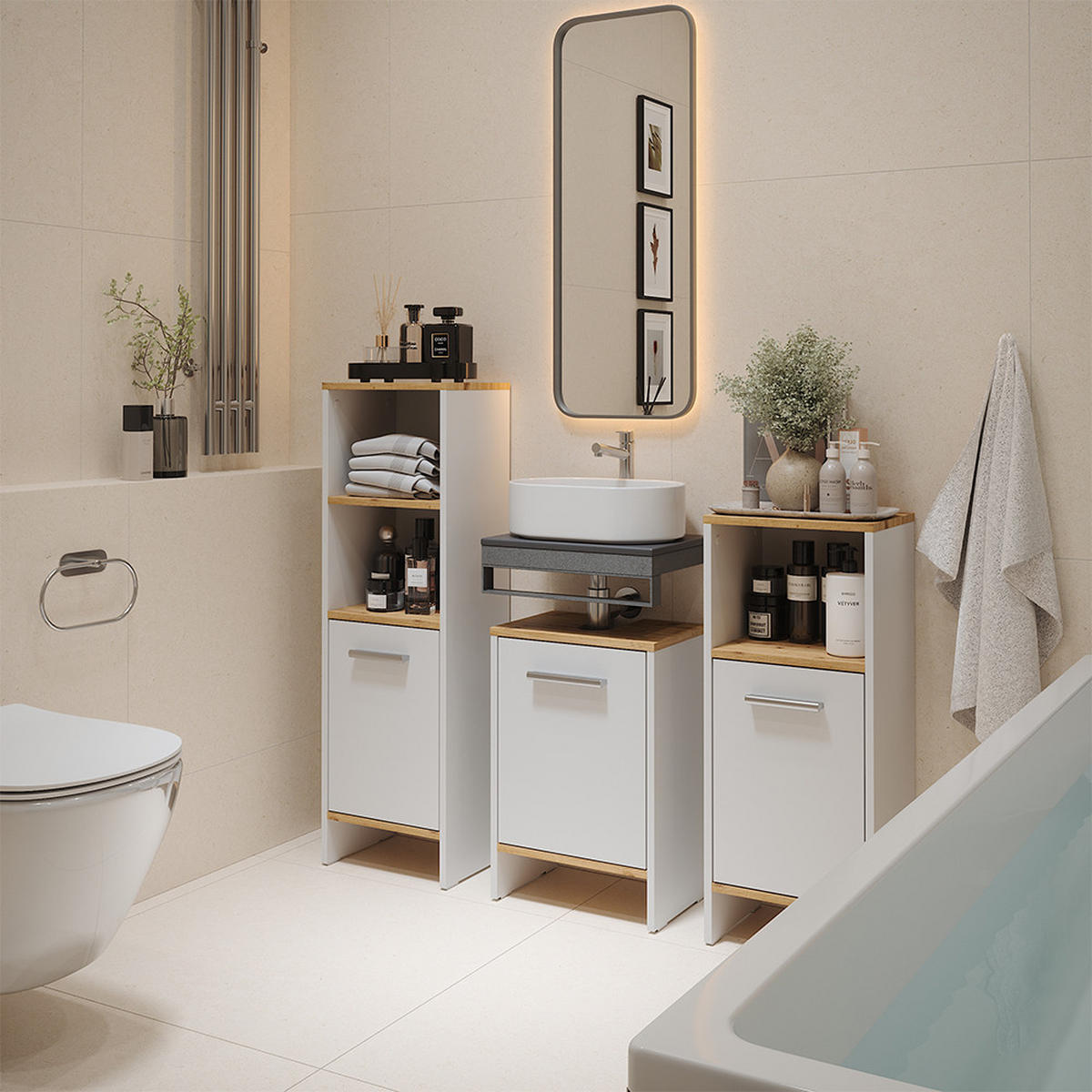 WASCHBECKENUNTERSCHRANK Karli Weiß/Goldkraft Eiche 38.2 x 57 cm mit der Tür - Weiß, Holzwerkstoff (38.2/57/26.3cm) - Vicco