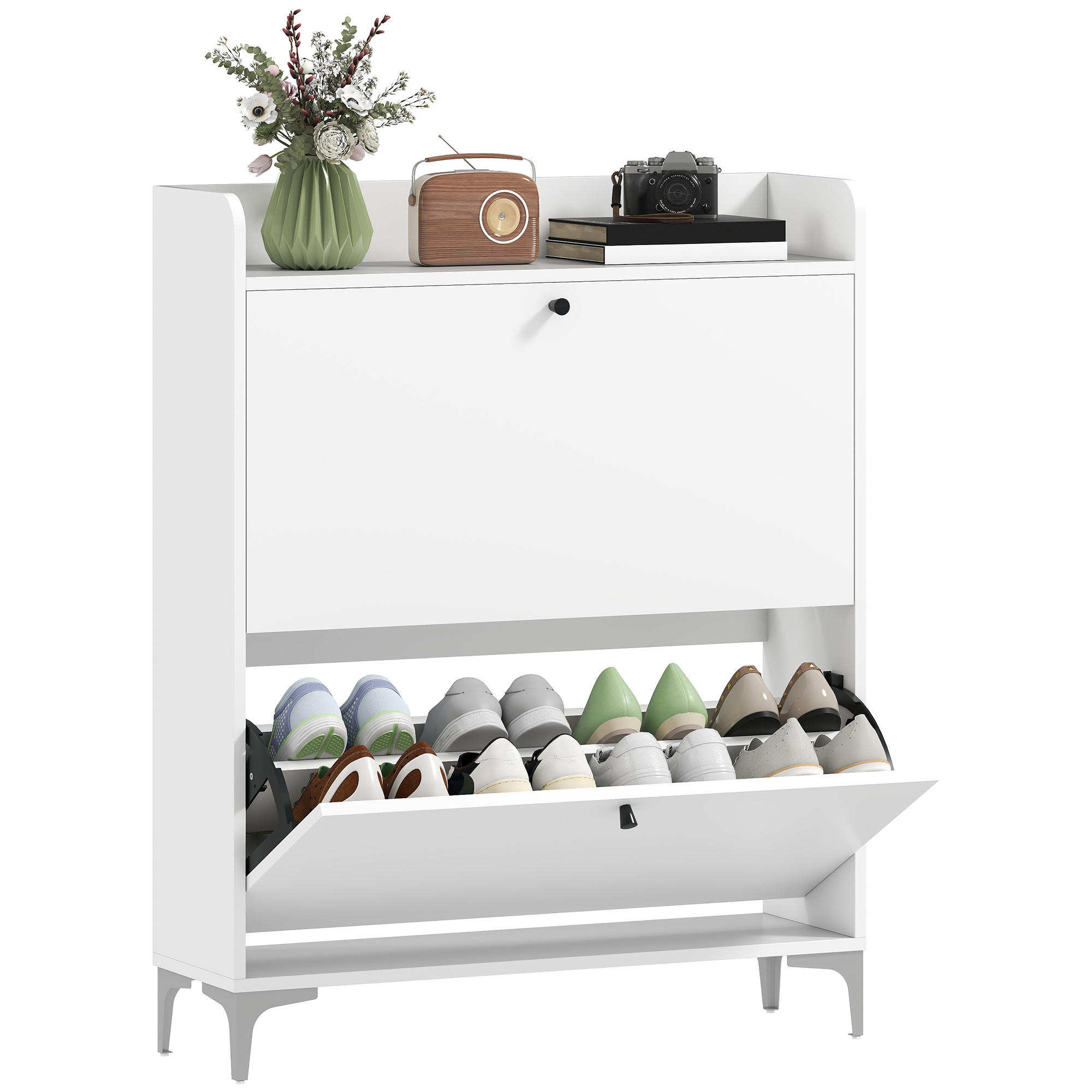 SCHUHSCHRANK DE-15059 2 Klapptüren mit verstellbaren Böden für 12-16 Paar Schuhe Weiß - Weiß, Holzwerkstoff (80/101/24cm) - ComfortXL