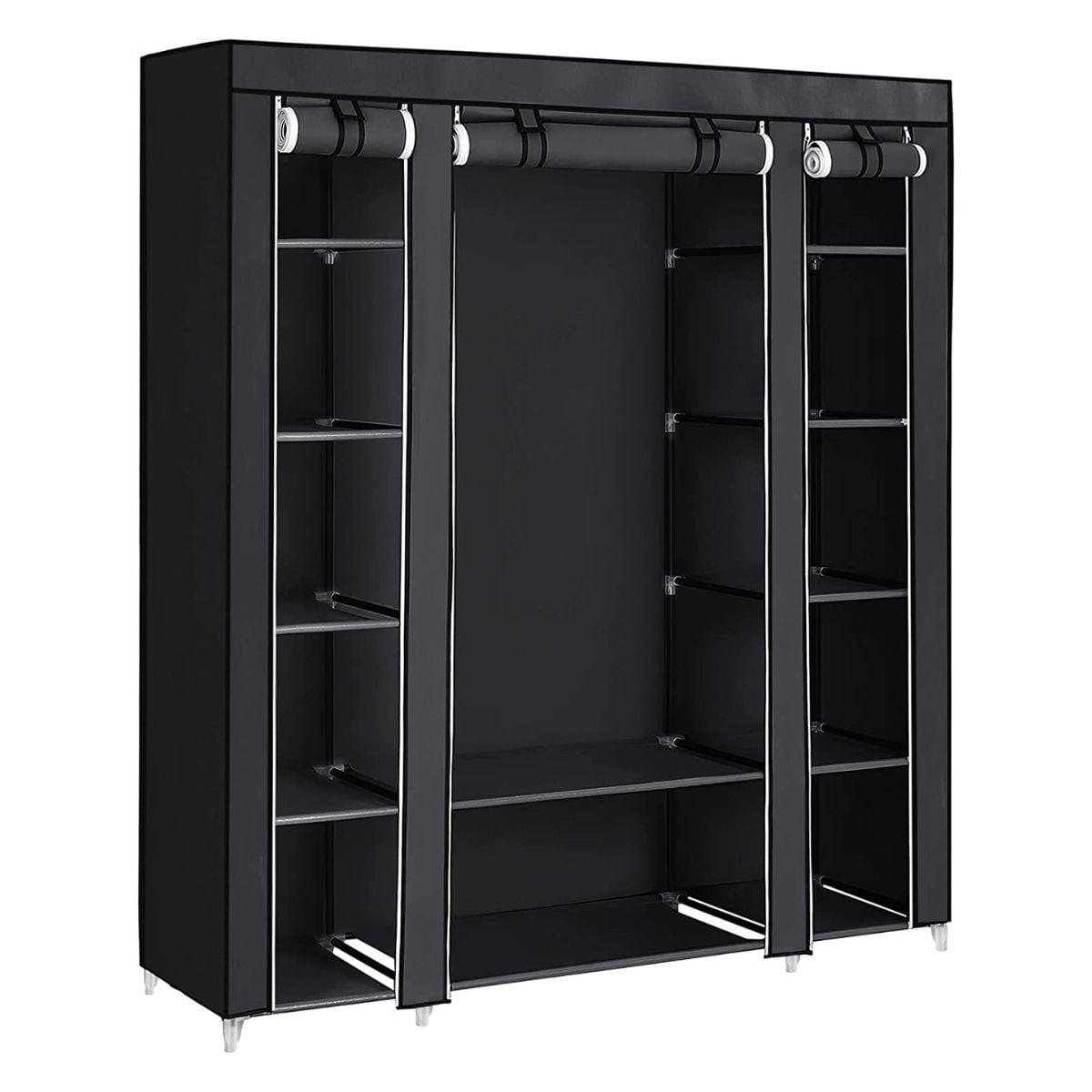 STOFFKLEIDERSCHRANK mit 12 Ebenen und Kleiderstange - L150 cm - Schwarz, Metall (45/175/150cm) - Calicosy