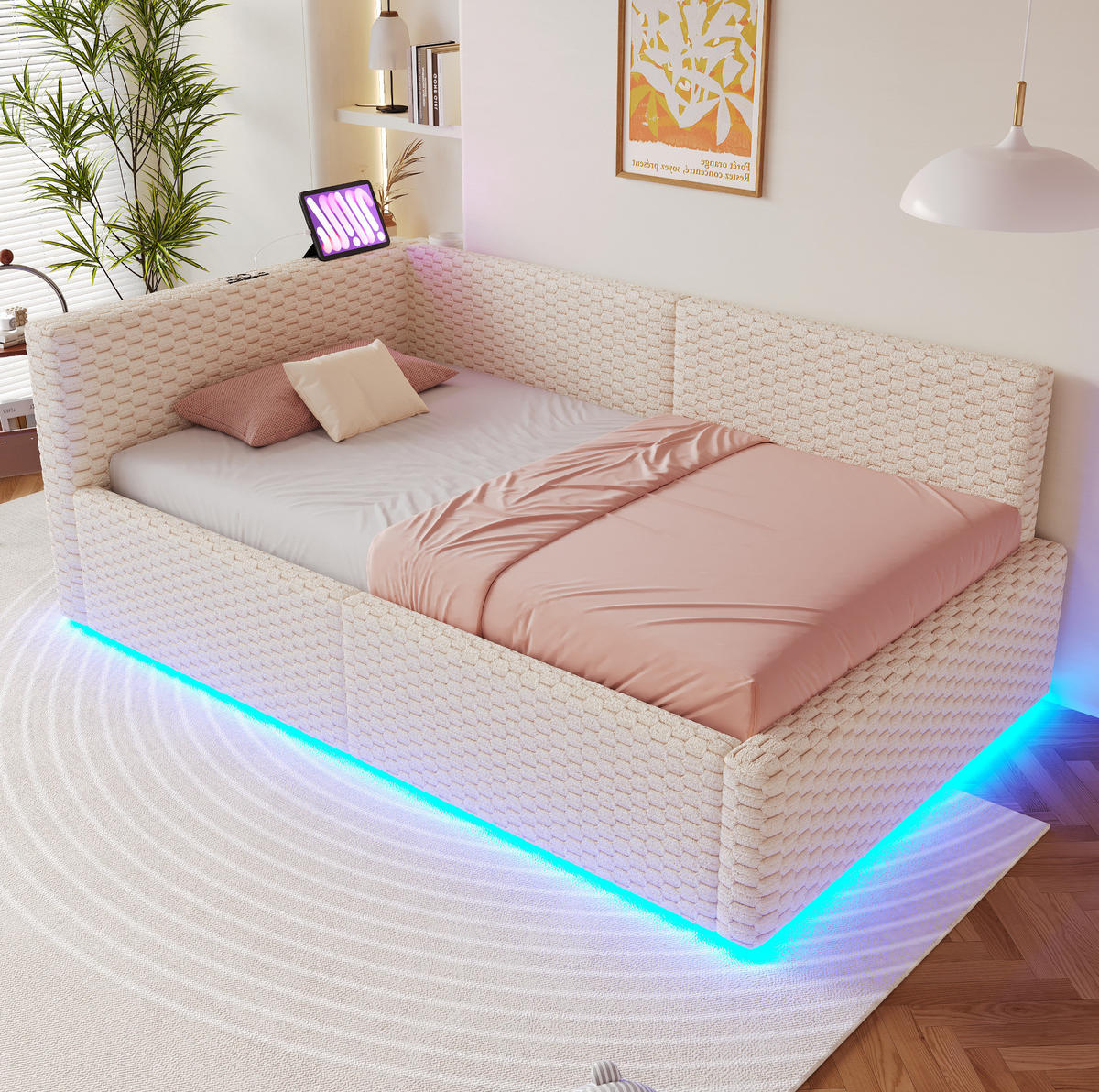POLSTERBETT 90/200 cm aus Samt mit LED-Beleuchtung, Beige - Beige, Textil (90/200cm) - OKMYHOME