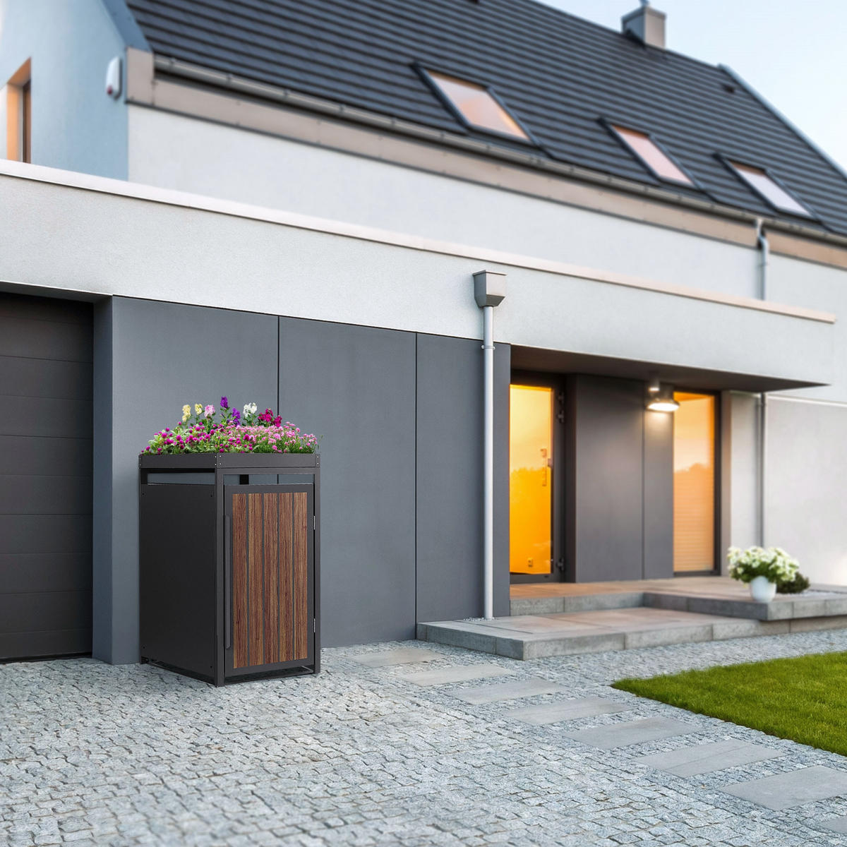 MÜLLTONNENBOX 1er mit Pflanzdach 240L Anthrazit-Eiche dunkel aus Stahl - Dunkelbraun, Metall (80/124/68cm) - ML-DESIGN