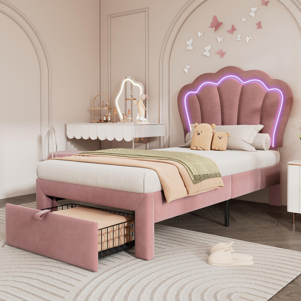 KINDERBETT 90/190 cm Rosa mit LED-Beleuchtung und Schublade aus Samt - Rosa, Textil (90/190cm) - OKWISH