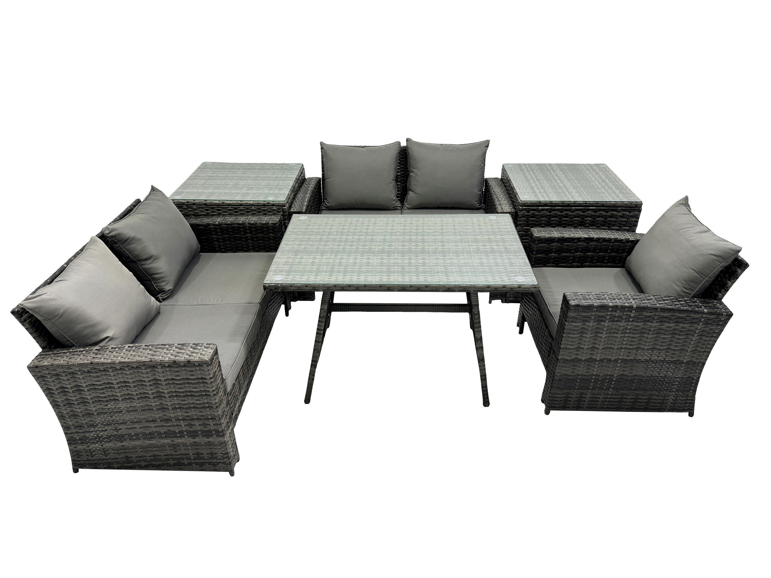 GARTENMÖBELSET mit ESSTISCH,HOCHLEHNER-SOFA Polyrattan Dunkelgrauer Mix 5-Sitzer - Dunkelgrau/Grau, Glas/Kunststoff - Fimous
