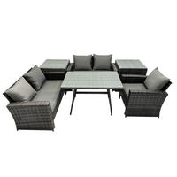GARTENMÖBELSET mit ESSTISCH,HOCHLEHNER-SOFA Polyrattan Dunkelgrauer Mix 5-Sitzer - Dunkelgrau/Grau, Glas/Kunststoff - Fimous