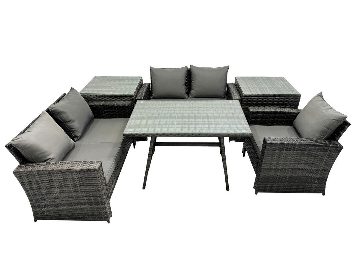 GARTENMÖBELSET mit ESSTISCH,HOCHLEHNER-SOFA Polyrattan Dunkelgrauer Mix 5-Sitzer - Dunkelgrau/Grau, Glas/Kunststoff - Fimous