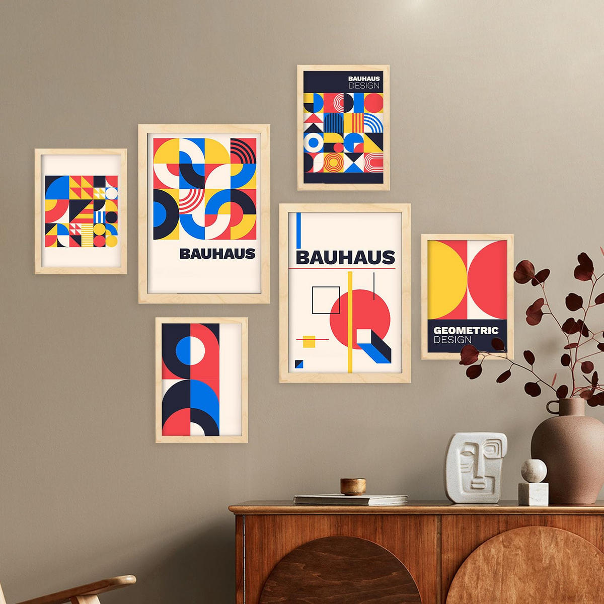 POSTER Set Mit 6 Drucken Im Bauhaus 2 Geometrische Designkollektion Drucke Mit Ästhetische Dekorative Für Zuhause A3 & A4 Rahmen Aus Hellem Holz - Beige, Papier (29/3cm) - Nacnic