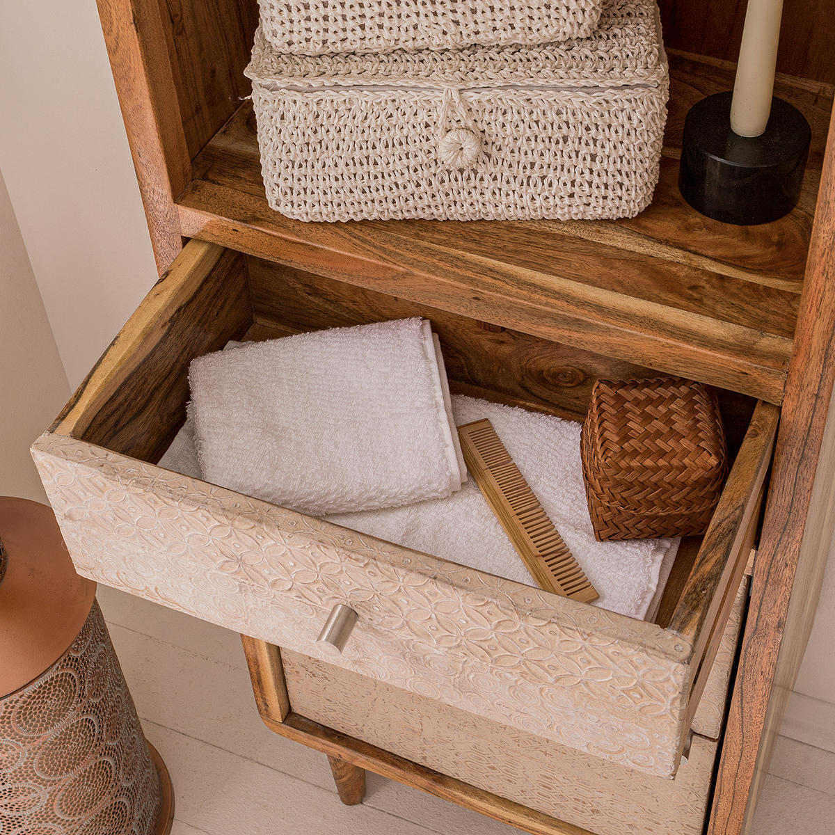 BADEZIMMERSET - 3-teilig - Akazie teilmassiv - Ecru / Akazie - Akaziefarben, Holz/Holzwerkstoff (130/180/30cm) - home24