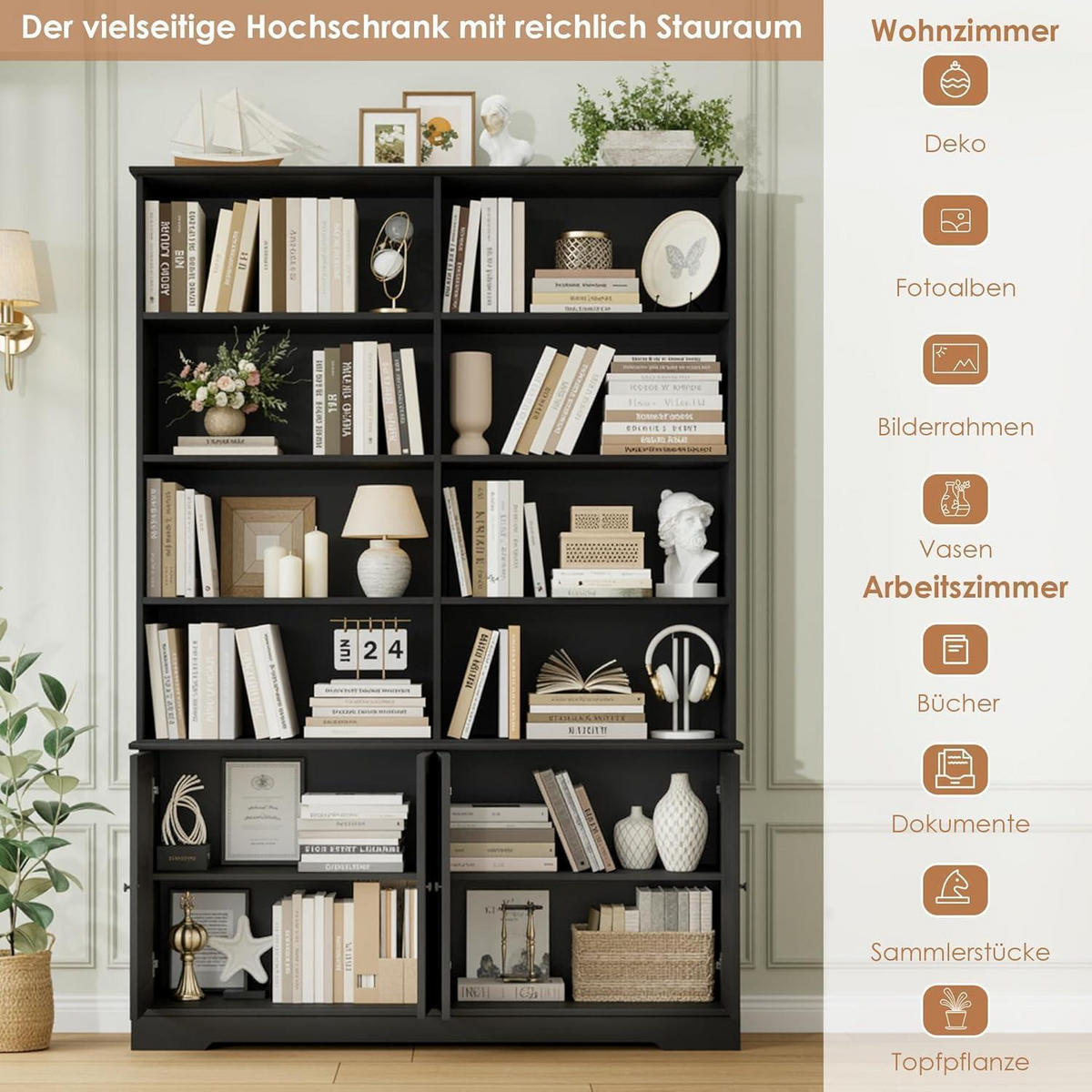 BÜCHERREGAL mit Türen Schwarz 185 x 27 x 120 cm - Schwarz, Holzwerkstoff (120/185/27cm)