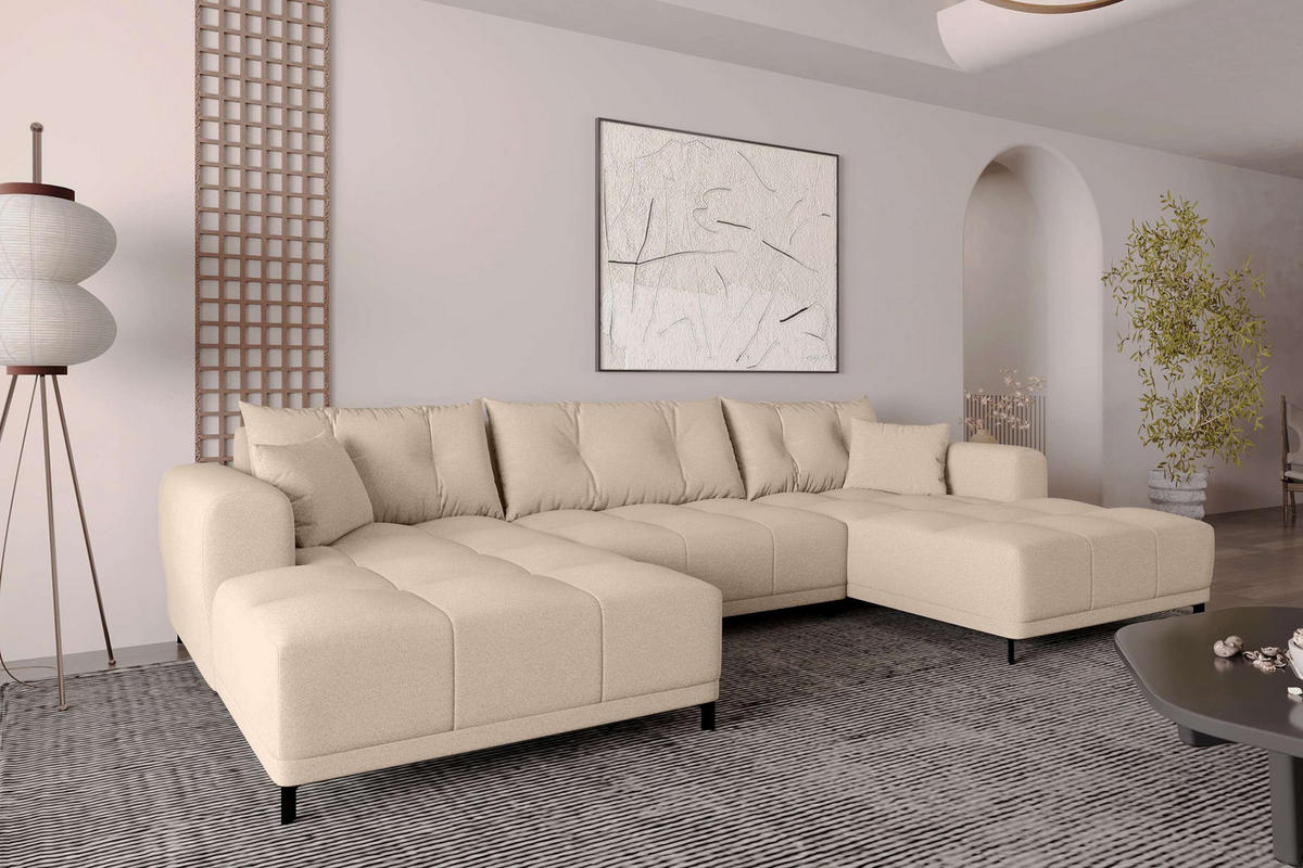 WOHNLANDSCHAFT Strukturstoff Beige inkl. Schlaffunktion - Beige/Schwarz, Textil/Metall (348/94/181cm) - 99rooms