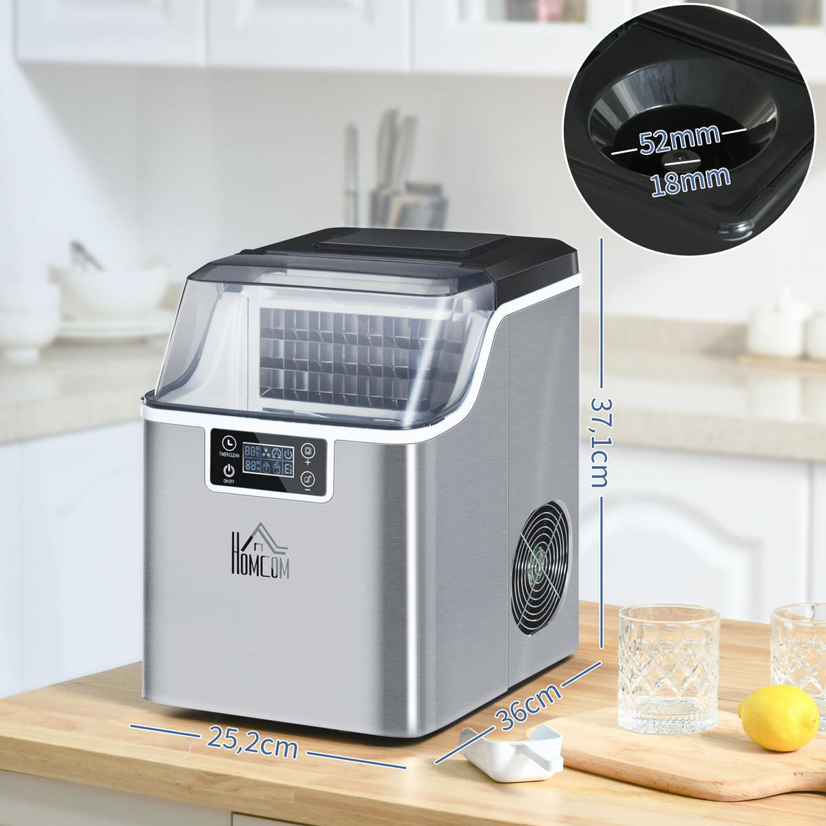EISWÜRFELMASCHINE DE-07964 20 kg/24h, Timer & Selbstreinigung Silber - Silberfarben, Metall (25.2/37.1/36cm) - ComfortXL