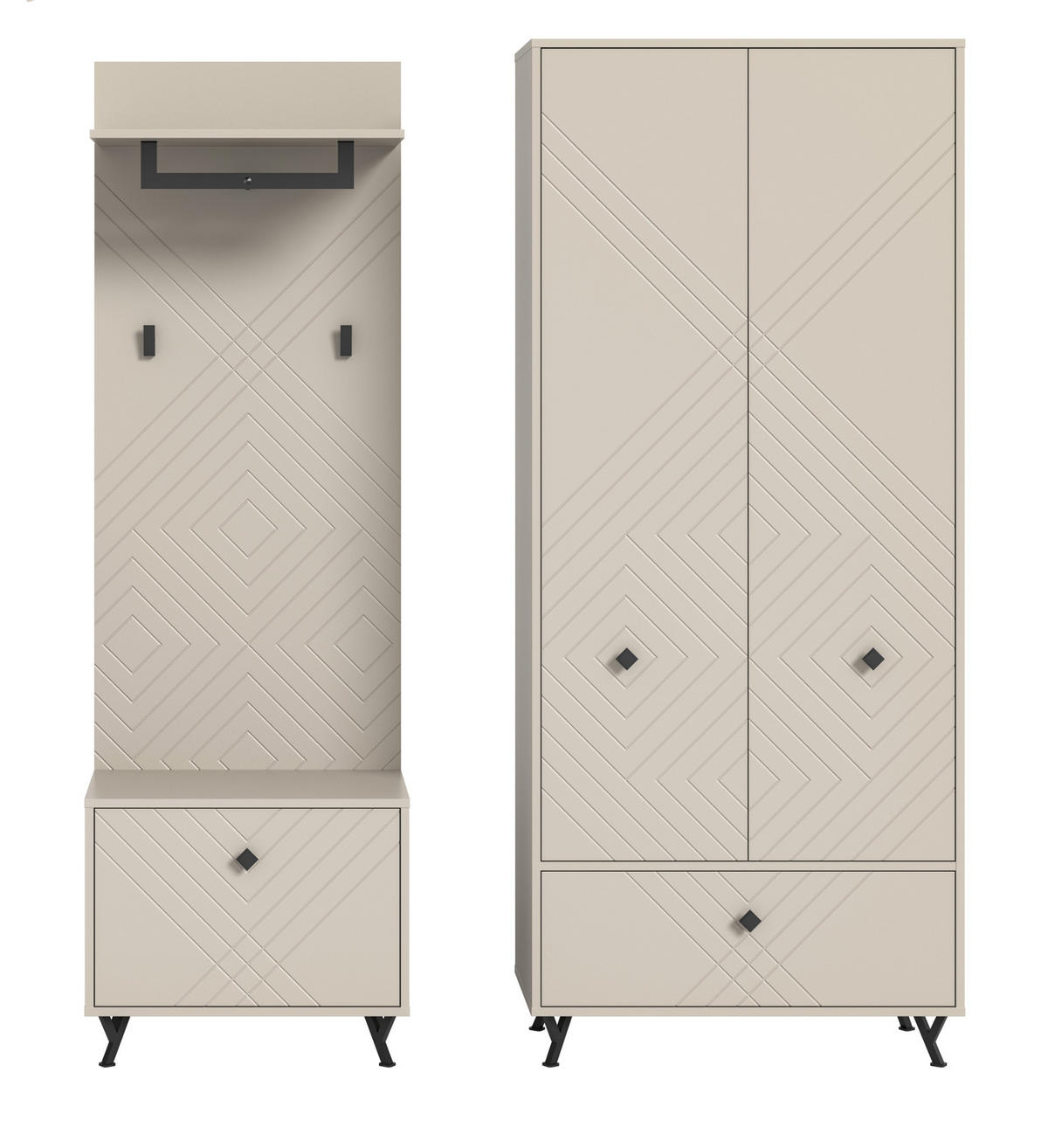 GARDEROBE Set 3-teilig Sand matt 195 cm, Garderobenkombination mit gefräster Struktur - Sandfarben/Beige, Holzwerkstoff/Metall (155/190/35cm) - Inn.Furn