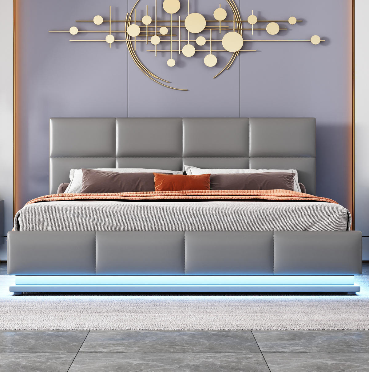 POLSTERBETT 160/200 cm grau mit LED-Beleuchtung und Bettkasten - Grau, Textil (160/200cm) - OKWISH