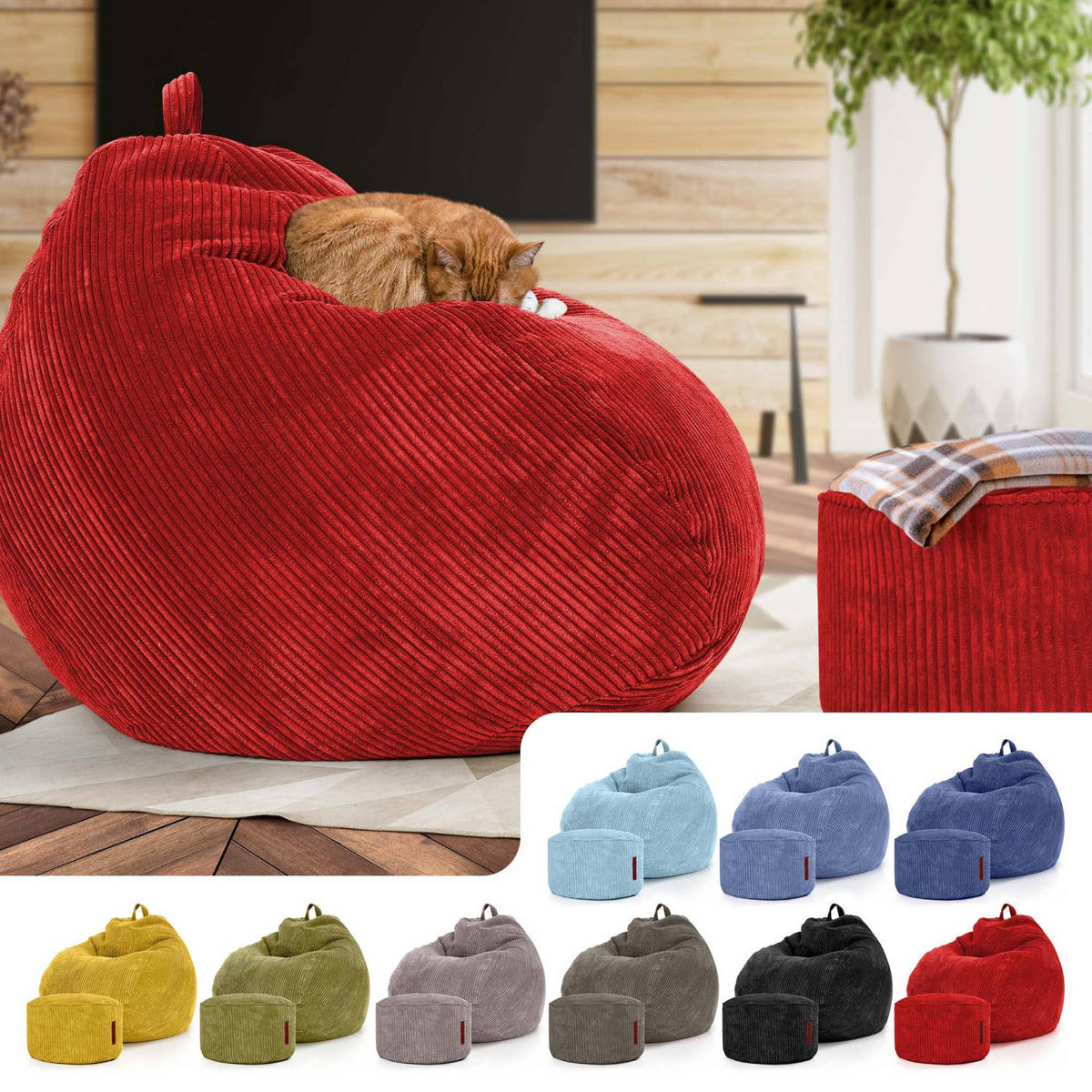 XXL-SITZSACK 2er Set + Pouf - Cordstoff - Rot, Textil (90/110/90cm) - Green Bean