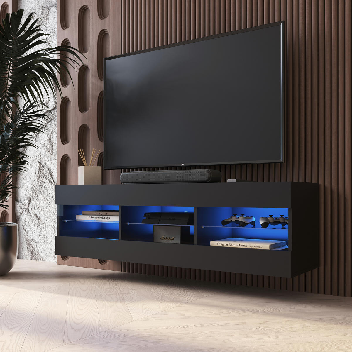 LOWBOARD TIVOLI RTV 140, Schwarz, LED Blau - Schwarz, Glas/Holzwerkstoff (140/40.5/35.5cm) - Komodee