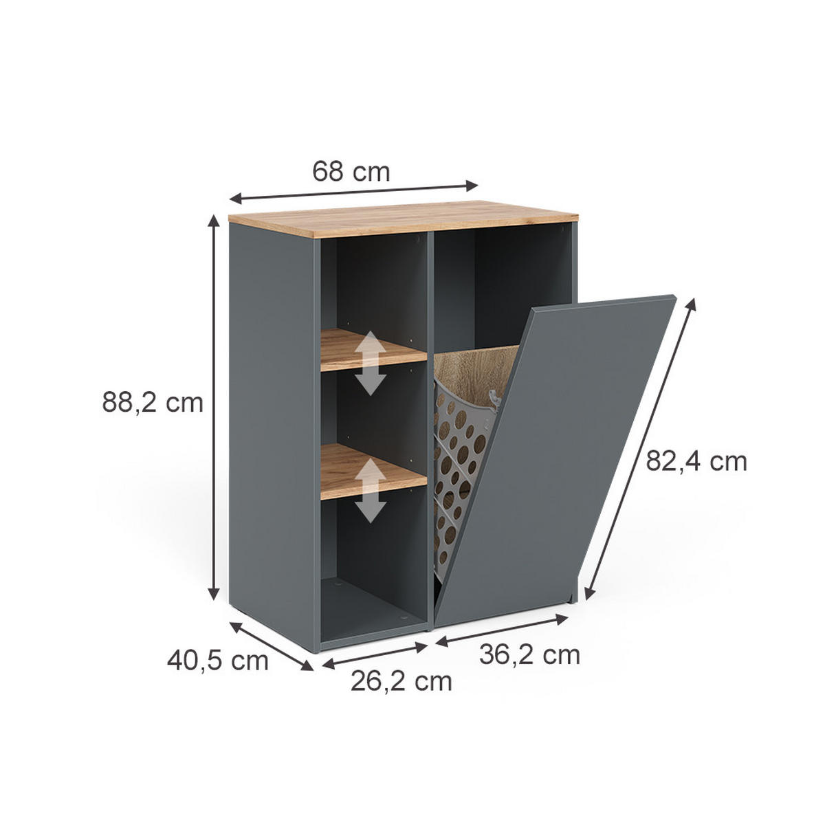 BADSCHRANK Viktor Anthrazit/Goldkraft Eiche 68 x 88.2 cm , mit offenen Regalen und Wäschekorb - Honigeiche/Anthrazit, Holzwerkstoff (68/88.2/40.5cm) - Vicco