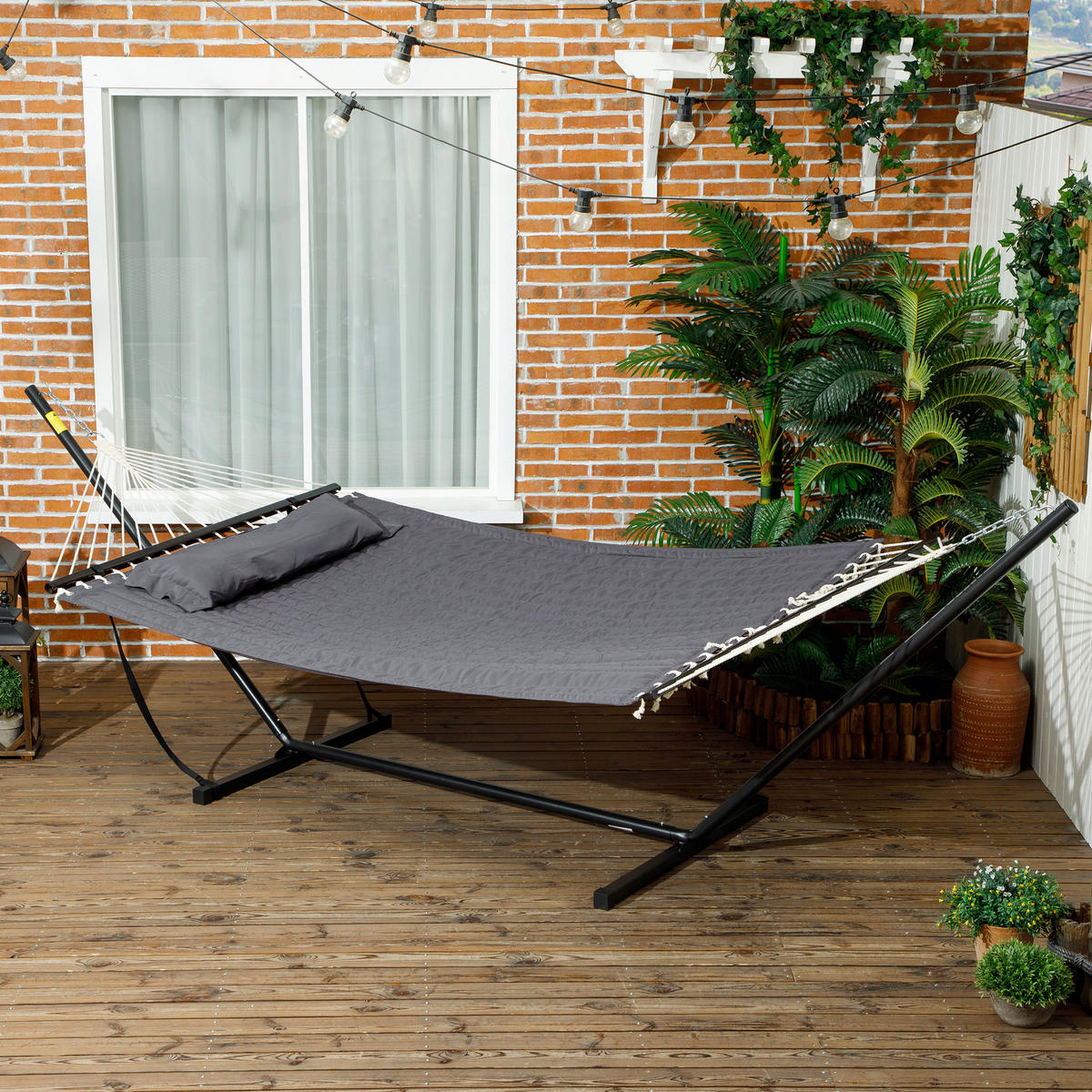 HÄNGEMATTE mit Gestell DE-13615 inkl. Kopfkissen Dunkelgrau - Dunkelgrau, Metall (140/110/368cm) - ComfortXL
