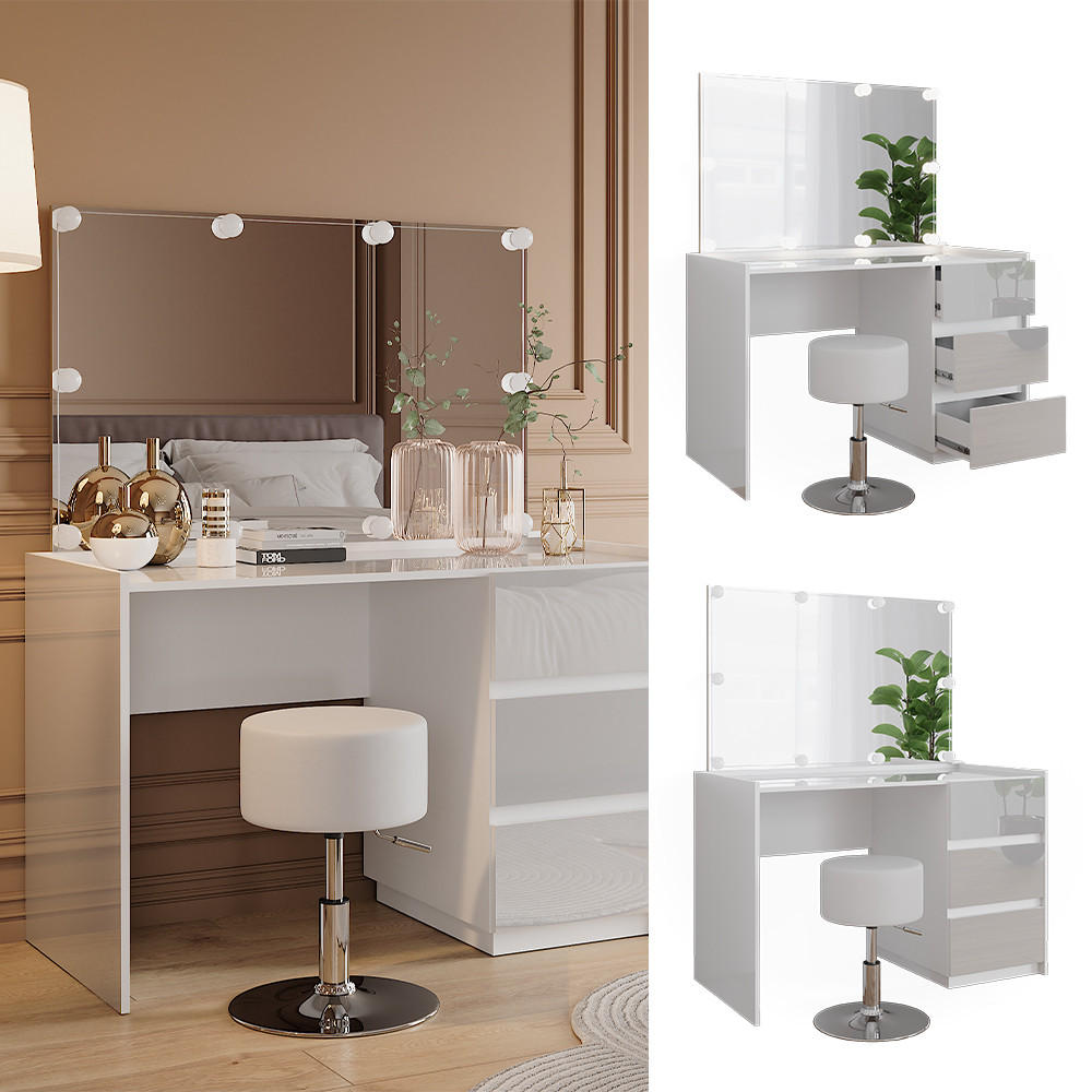 SCHMINKTISCH Marla Weiß Hochglanz 120 cm mit Spiegel, Hocker, LED-Lichterkette - Weiß Hochglanz, Holzwerkstoff (120/78.6/60cm) - Vicco