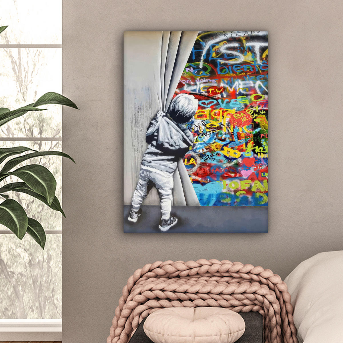 LEINWANDBILD Graffiti - Junge - Ilussie - Straßenkunst Wandbild Wohnzimmer 60x80 cm - Hellgrau, Textil (60/80cm) - MuchoWow