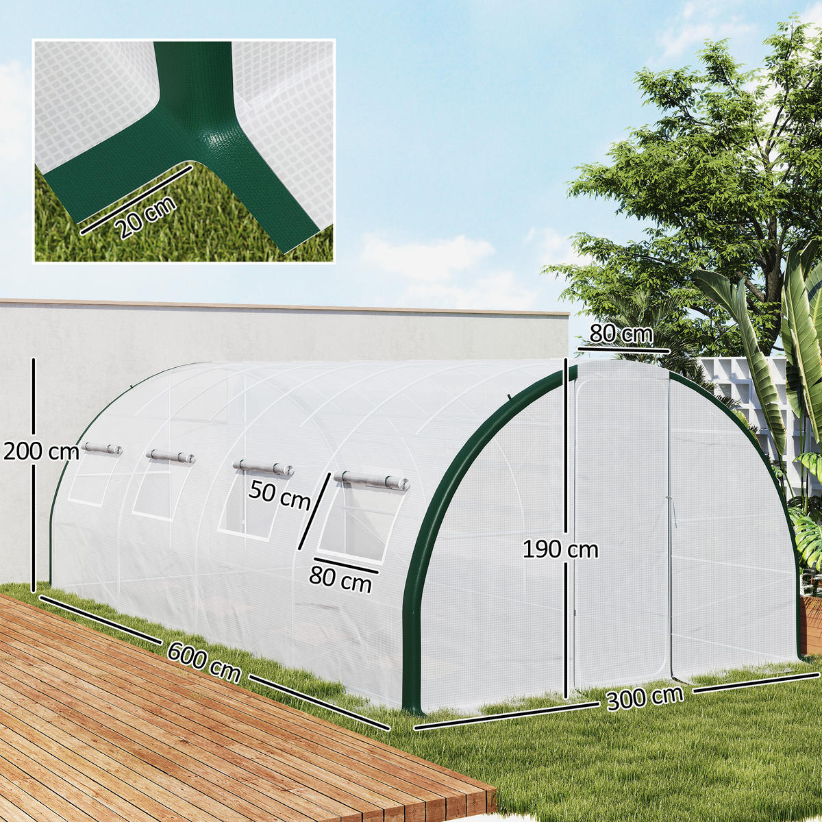 GEWÄCHSHAUS DE-12029 18 m² mit 2 Türen & 8 Fenstern Weiß - Weiß, Kunststoff (300/200/600cm) - ComfortXL