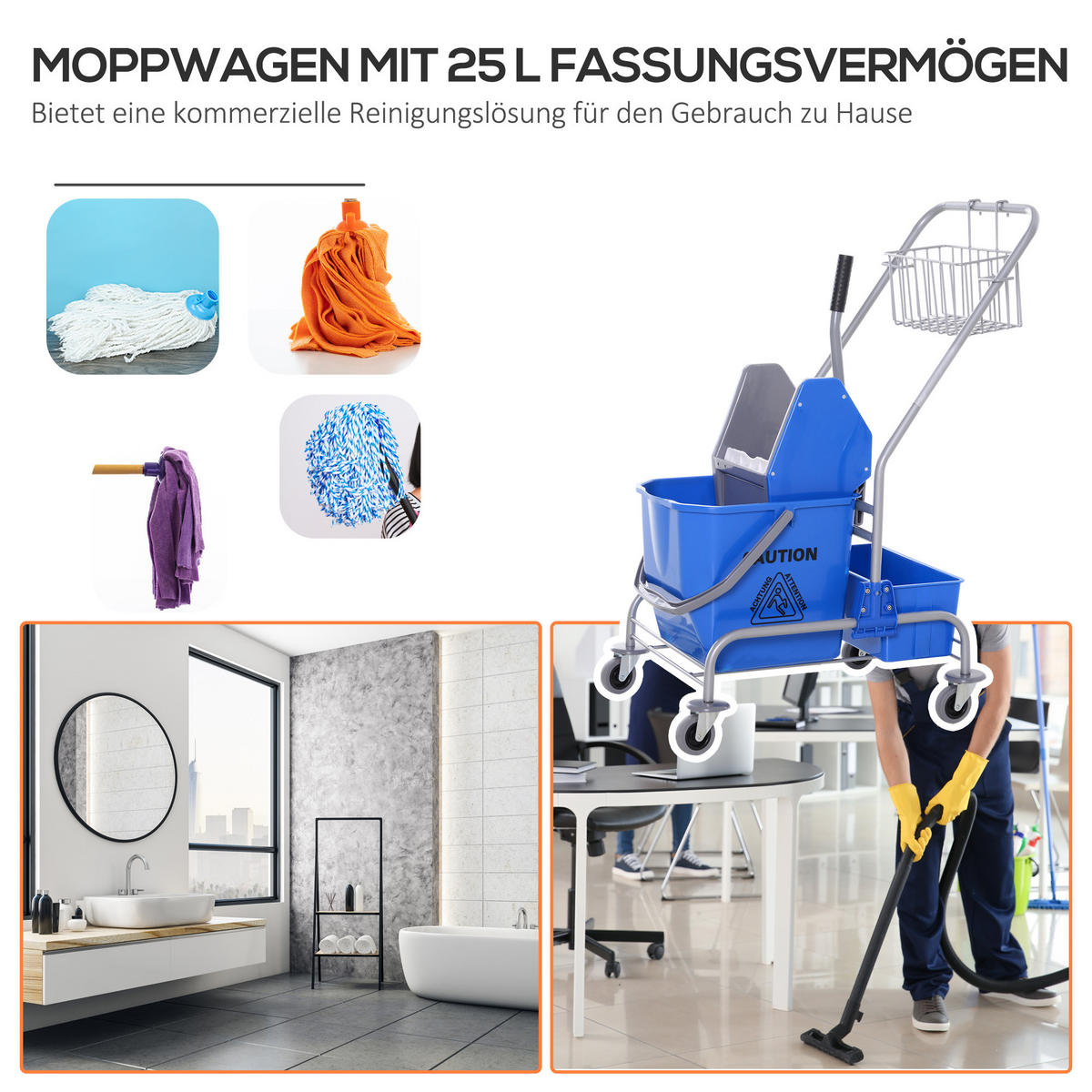 PUTZWAGEN Kunststoff Metall Blau - Blau, Kunststoff/Metall (49.5/95/72cm) - HOMCOM