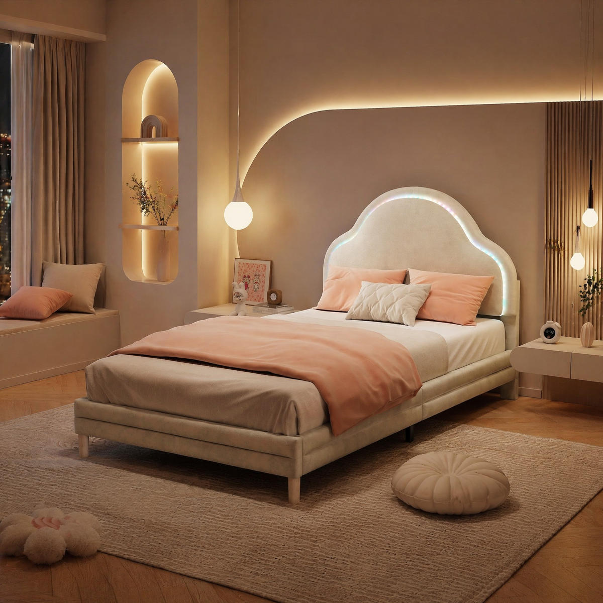 POLSTERBETT 90/200 mit Wolkenkopfteil und LED-Beleuchtung in Beige - Beige, Holzwerkstoff/Textil (90/200cm) - EVRYAE