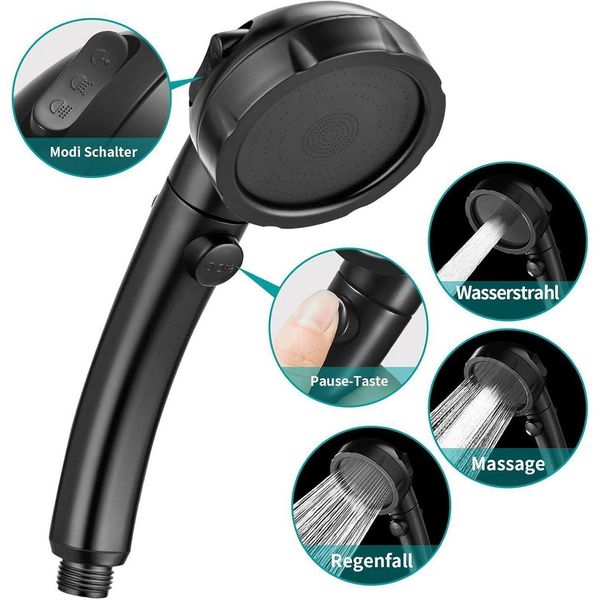 DUSCHKOPF Set mit Wassersparfunktion und 3 Strahlarten Schwarz - Schwarz, Kunststoff (8/12.7/24cm)