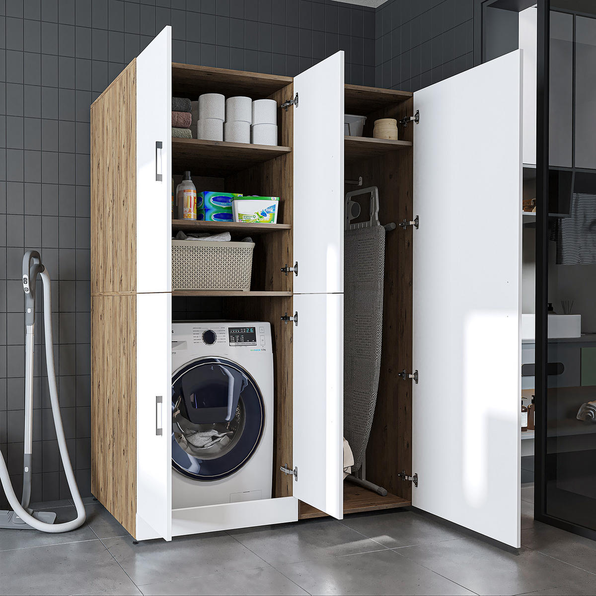 WASCHMASCHINENSCHRANK DORA-II 130cm Breit, 186cm Hoch - Eiche Bianco, Holzwerkstoff (130/186/73.8cm)