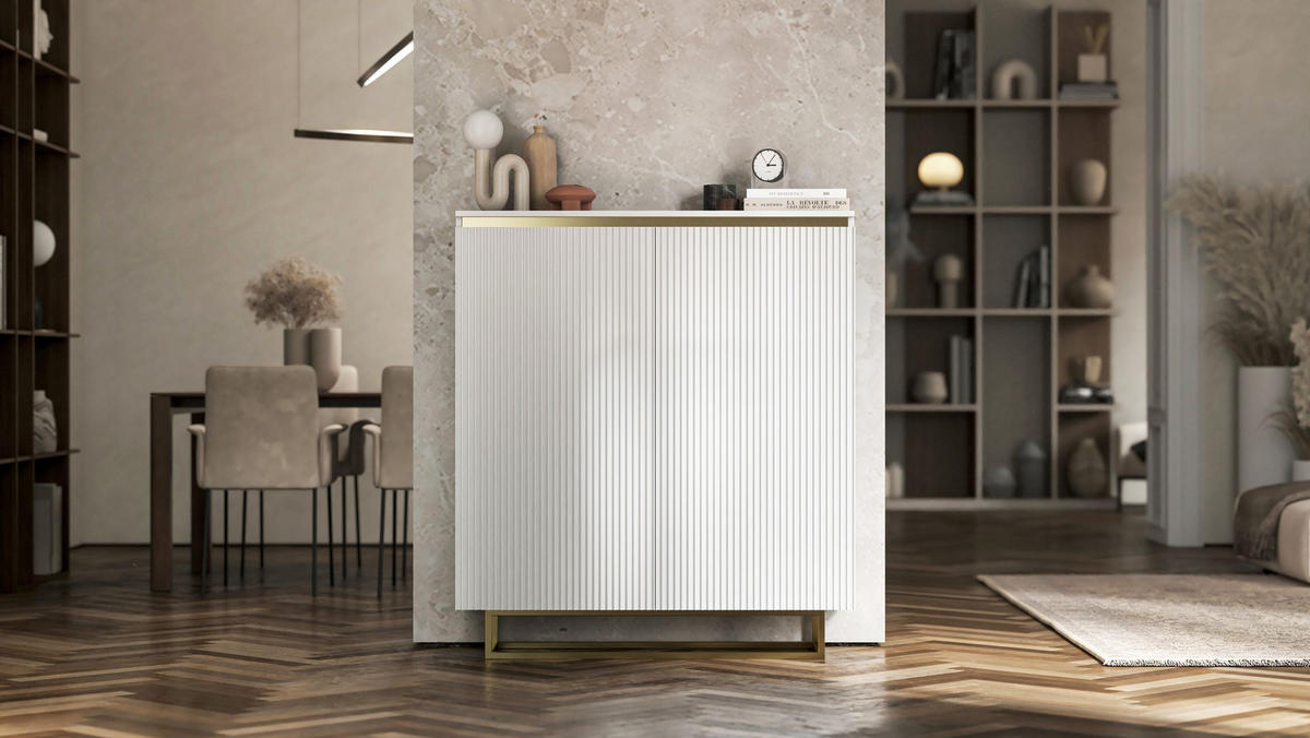 HIGHBOARD Selene 2D Weiß Matt 111 cm goldfarbener Rahmen - Goldfarben/Weiß, Holzwerkstoff/Metall (111/125/35cm) - Meble Lindner